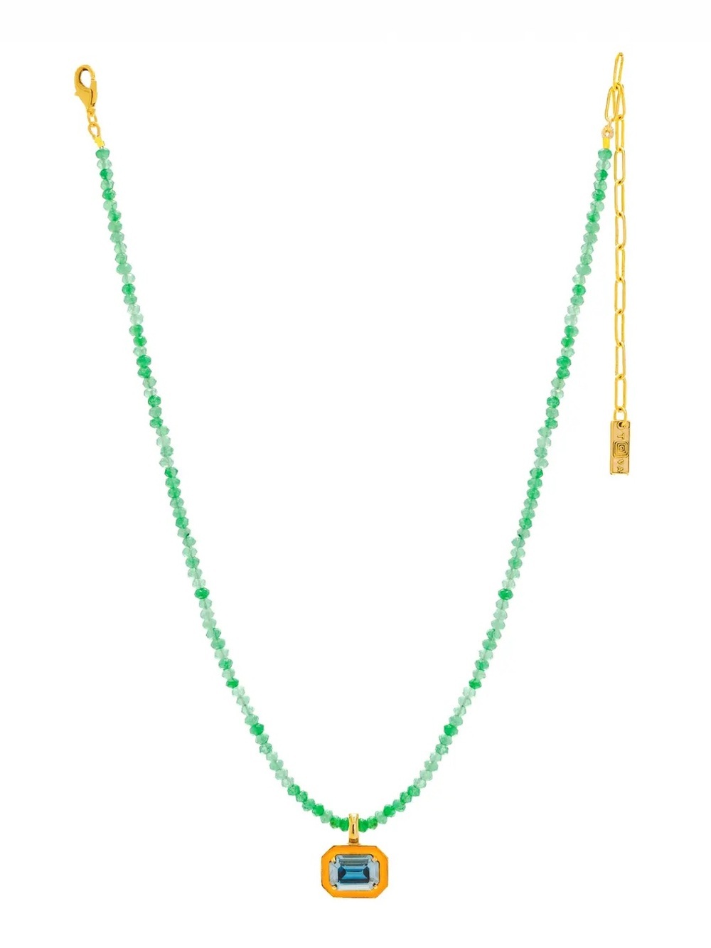 Gold-Accented Green Beaded Necklace with Blue Stone Pendant